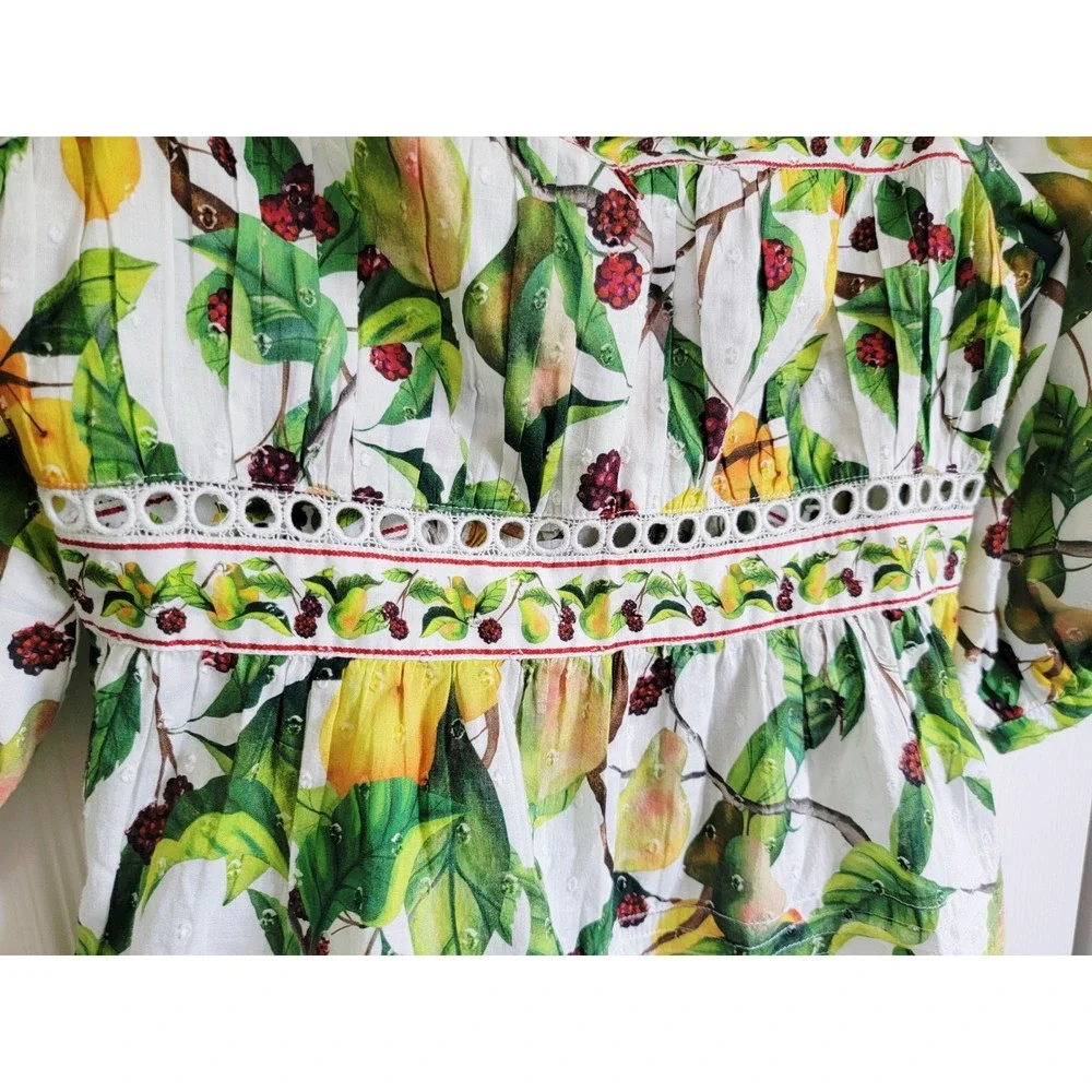 Farm Rio Women's Puff Sleeve Lace Up Back Fruit Orchard Blouse XS NWT‎ RV $165